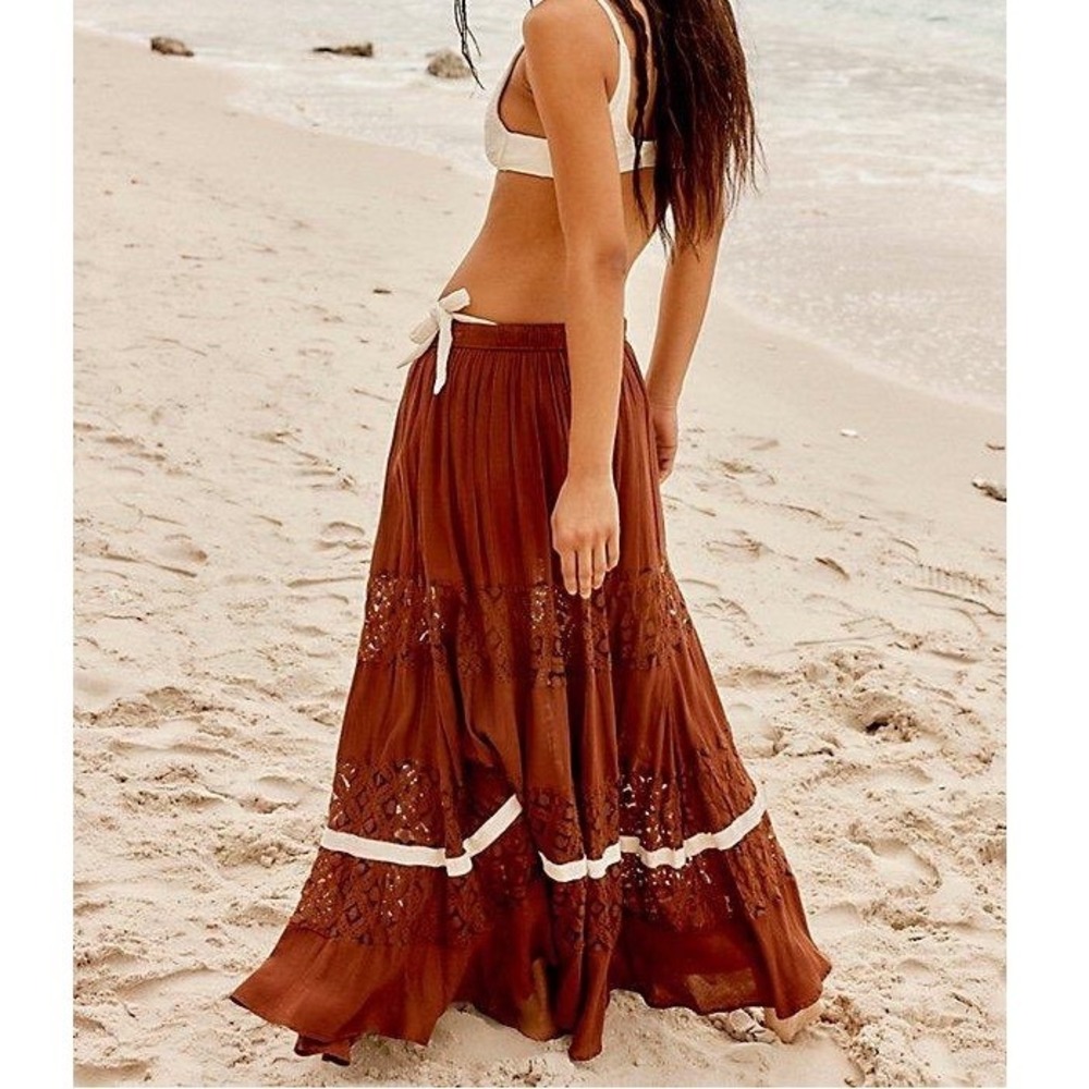 Free People Freeest Swept Away Maxi Skirt Brown Lace Inset Tiered Boho - Medium